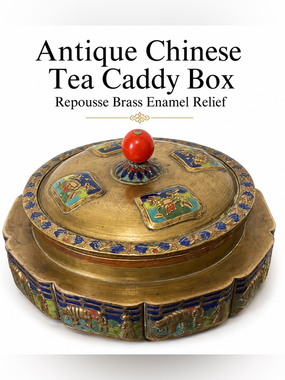 Antique Chinese Tea Caddy Box Repousse Brass Enamel Relief